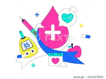 World Diabetes Day Vector Illustration Featuring Blood Glucose Meter, Insulin Syringe, Awareness Ribbon, Healthy Lifestyle and Medical Care World Diabetes Day Vector Illustration Featuring Blood Glucose Meter, Insulin Syringe, Awareness Ribbon, Healthy Lifestyle and Medical Care 142297855