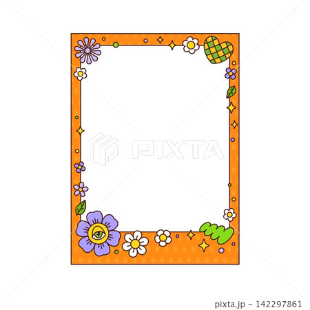 Groovy retro psychedelic wavy frame and cartoon y2k orange border with summer flowers, heart, leaf and star sparkles. Blank template for photos or notes with retro Y2K hippie funky and whimsical vibes 142297861
