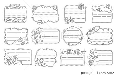 Galaxy space stars, planets and rockets kids memo note frame stickers. Vector monochrome, linear bullet journal, album, scrapbook or diary borders with cosmic elements, notebook, sketchbook, messages 142297862