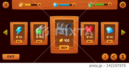 Game wooden interface windows and icons with loading bars for store panel UI. Game shop windows and sale board frames with hear life and diamond for mobile game shop or store inventory buy items 142297878