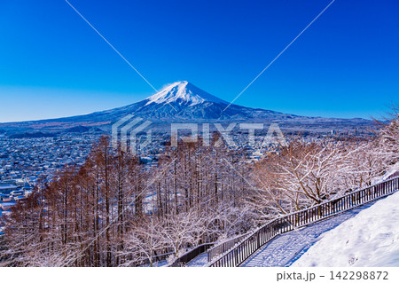 【山梨県】一面銀世界になった新倉山浅間公園から望む富士山 【山梨県】一面銀世界になった新倉山浅間公園から望む富士山 142298872