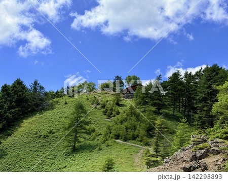 東京都最高峰・雲取山の山頂から望む富士山と夏の山岳風景、青空と積雲に囲まれた雲取山避難小屋 東京都最高峰・雲取山の山頂から望む富士山と夏の山岳風景、青空と積雲に囲まれた雲取山避難小屋 142298893
