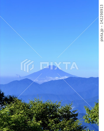 東京都最高峰・雲取山の山頂から望む富士山と夏の山岳風景、青空と積雲に囲まれた雲取山避難小屋 142298913