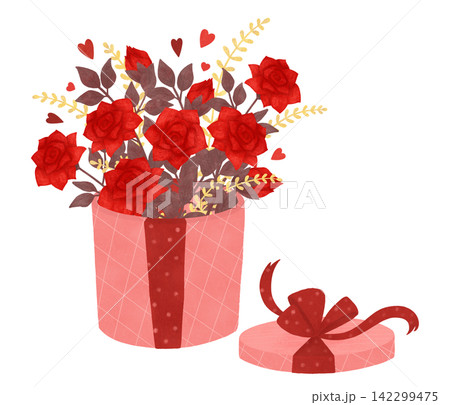 A bouquet of flowers in gift wrapping. Red, scarlet roses, hearts. Isolation, composition. Love. hand drawn illustration in a flat style. Watercolor A bouquet of flowers in gift wrapping. Red, scarlet roses, hearts. Isolation, composition. Love. hand drawn illustration in a flat style. Watercolor 142299475