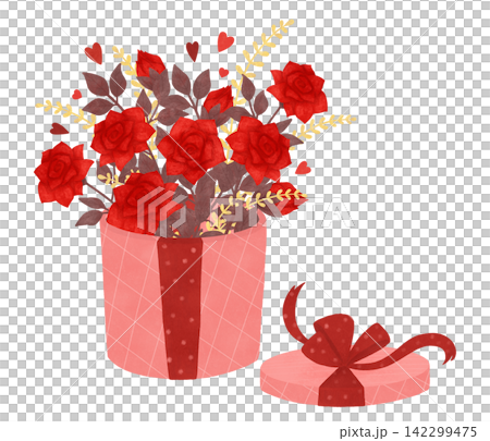 A bouquet of flowers in gift wrapping. Red, scarlet roses, hearts. Isolation, composition. Love. hand drawn illustration in a flat style. Watercolor A bouquet of flowers in gift wrapping. Red, scarlet roses, hearts. Isolation, composition. Love. hand drawn illustration in a flat style. Watercolor 142299475