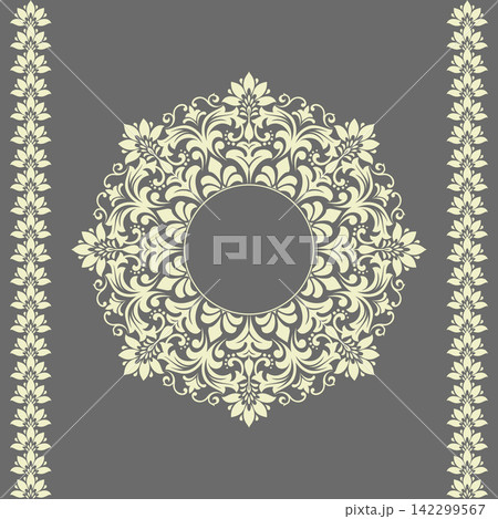 Decorative frame Elegant vector element for design in Eastern style, place for text. Floral beige and gray frame. Lace illustration for invitations and greeting cards 142299567