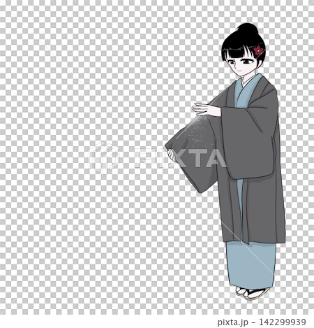 A woman brushes snow off her kimono in a winter snowscape. A woman brushes snow off her kimono in a winter snowscape. 142299939