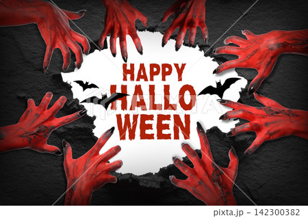 Halloween. Red hands emerge from a dark background, conveying a chilling Halloween atmosphere 142300382