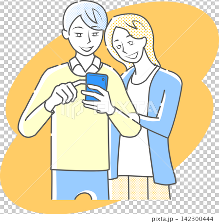 スマートフォンを覗くカップル スマートフォンを覗くカップル 142300444