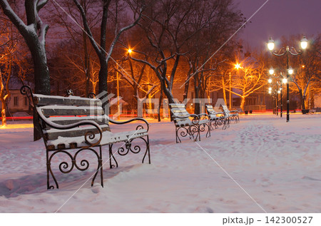 row of benches in park at winter morning row of benches in park at winter morning 142300527