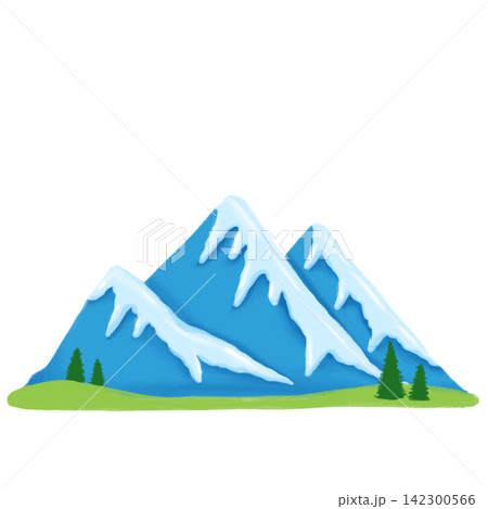 雪をかぶった青い3つの山と草原と木の手描きイラスト 雪をかぶった青い3つの山と草原と木の手描きイラスト 142300566