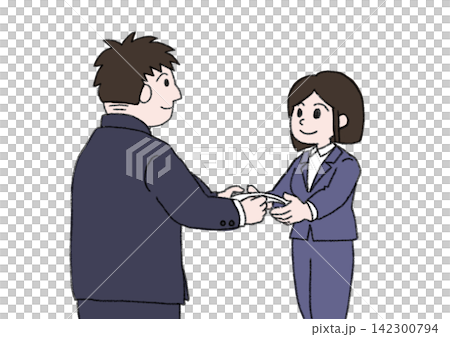 Illustration of a supervisor presenting a letter of appointment to a female employee at a job offer ceremony (presentation, recruitment, business, color, vector) Illustration of a supervisor presenting a letter of appointment to a female employee at a job offer ceremony (presentation, recruitment, business, color, vector) 142300794