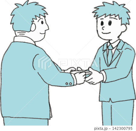 内定式で辞令を渡す上司と男性社員のイラスト（授与・採用・ビジネス・2色・ベクター） 142300795