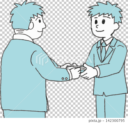 内定式で辞令を渡す上司と男性社員のイラスト（授与・採用・ビジネス・2色・ベクター） 142300795