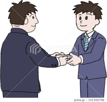 内定式で辞令を渡す上司と男性社員のイラスト（授与・採用・ビジネス・カラー・ベクター） 142300796