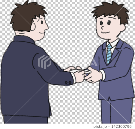 内定式で辞令を渡す上司と男性社員のイラスト（授与・採用・ビジネス・カラー・ベクター） 142300796