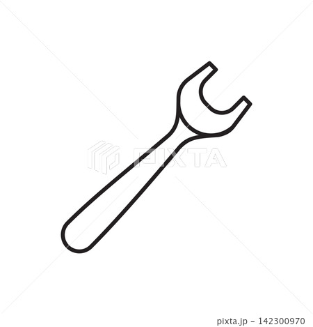 Minimalist line art icon of a rounded strap end punch tool used for shaping belt ends. 142300970