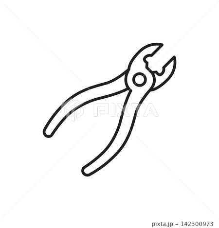 Minimalist line art icon of specialized leather pliers used for flattening and pressing leather seams.  142300973