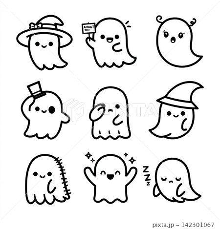 Cute ghost character lineart isolated set for coloring page, happy expression 142301067