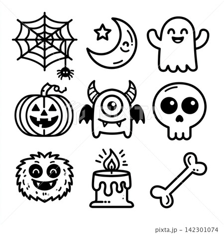 Cute halloween coloring element set with happy isolated lineart outline icons Cute halloween coloring element set with happy isolated lineart outline icons 142301074