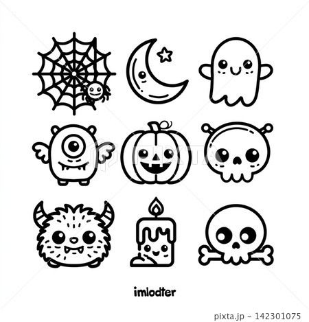 Cute Halloween happy ghost pumpkin coloring page with isolated separated layered lineart outline Cute Halloween happy ghost pumpkin coloring page with isolated separated layered lineart outline 142301075
