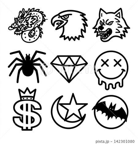 Fierce tattoo symbol set for coloring page, isolated, separated, layered lineart outline 142301080