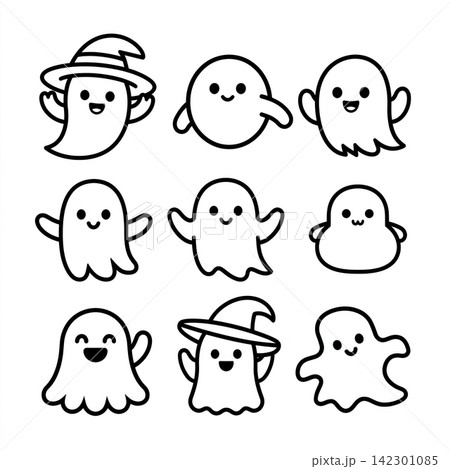 Happy cute ghost coloring set shows isolated lineart outline separated layered elements Happy cute ghost coloring set shows isolated lineart outline separated layered elements 142301085
