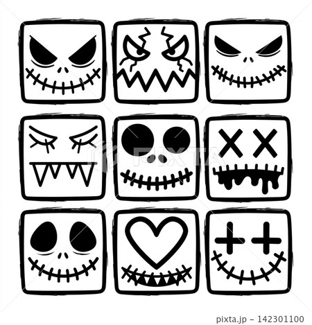 Scary monster face outline set for halloween coloring isolated page 142301100