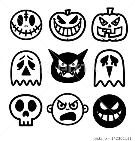 Spooky Halloween scary monster icon set, isolated lineart outline layered coloring page Spooky Halloween scary monster icon set, isolated lineart outline layered coloring page 142301111