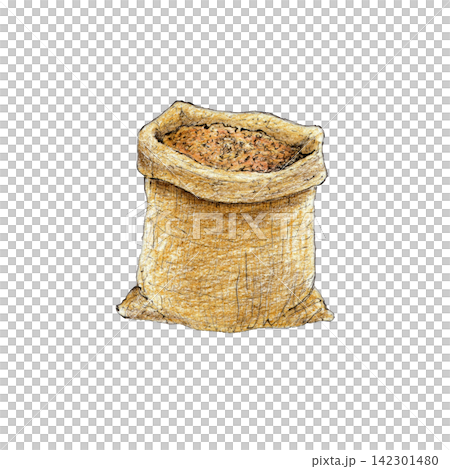 Sack filled with grain. Hand-drawn illustration created with fine black liner and colored pencils. Suitable for farm, harvest, livestock feed, countryside, and vintage rural-themed designs. Sack filled with grain. Hand-drawn illustration created with fine black liner and colored pencils. Suitable for farm, harvest, livestock feed, countryside, and vintage rural-themed designs. 142301480