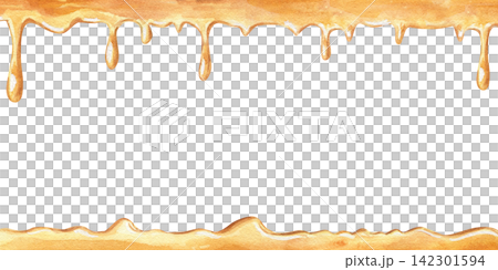 Watercolor golden honey drip border with copy space for text. Dripping sweet caramel liquid isolated illustration. Rectangle nectar frame for bakery banners, dessert menus. Natural food design Watercolor golden honey drip border with copy space for text. Dripping sweet caramel liquid isolated illustration. Rectangle nectar frame for bakery banners, dessert menus. Natural food design 142301594