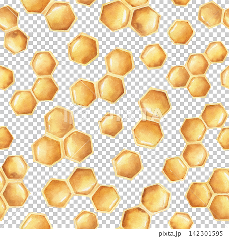 Golden honeycomb hexagon cells watercolor seamless pattern on isolated background. Geometric bee wax texture design for fabric textile printing, sweet food packaging, beekeeping themed wallpaper. Golden honeycomb hexagon cells watercolor seamless pattern on isolated background. Geometric bee wax texture design for fabric textile printing, sweet food packaging, beekeeping themed wallpaper. 142301595