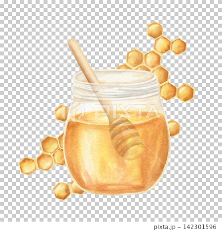Yellow sweet honey jar with wooden dipper and honeycomb hexagons on isolated background. Sweet organic farm food watercolor illustration for packaging, breakfast menu, beekeeping decor, recipe design. Yellow sweet honey jar with wooden dipper and honeycomb hexagons on isolated background. Sweet organic farm food watercolor illustration for packaging, breakfast menu, beekeeping decor, recipe design. 142301596