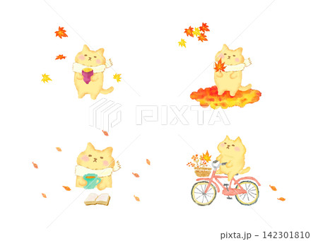 秋を楽しむかわいい猫のセット 水彩イラスト素材 秋を楽しむかわいい猫のセット 水彩イラスト素材 142301810
