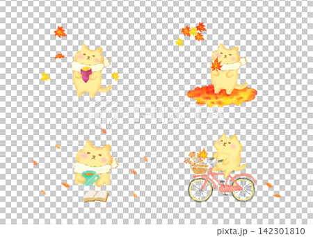 秋を楽しむかわいい猫のセット 水彩イラスト素材 秋を楽しむかわいい猫のセット 水彩イラスト素材 142301810