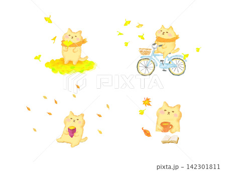 秋を楽しむかわいい猫のセット　水彩イラスト素材 142301811