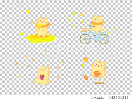 秋を楽しむかわいい猫のセット　水彩イラスト素材 142301811