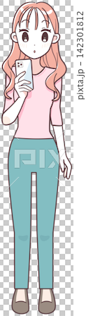 一位女士正在看智慧型手機的簡單插圖（全身像） 142301812