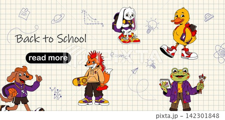 Cute Back to School Animal Characters with Backpack and Classroom Elements 142301848