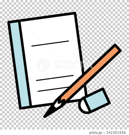 Illustration of a notebook, pencil, and eraser Illustration of a notebook, pencil, and eraser 142301936