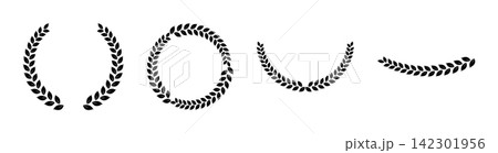 Black laurel wreath collection with elegant leafy branches, circular botanical frames and curved foliage ornaments for awards, certificates, emblems, logos, heraldry and classic decorative design work Black laurel wreath collection with elegant leafy branches, circular botanical frames and curved foliage ornaments for awards, certificates, emblems, logos, heraldry and classic decorative design work 142301956