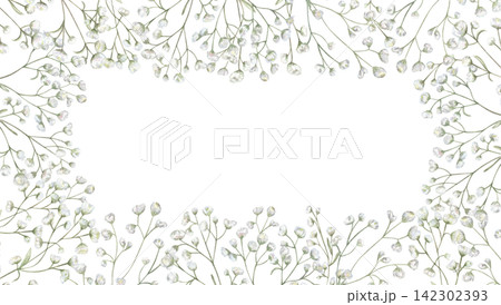Delicate baby breath floral horizontal border with blank center. Watercolor gypsophila frame on isolated background. Floral template for wedding invitation, elegant greeting card, romantic stationery Delicate baby breath floral horizontal border with blank center. Watercolor gypsophila frame on isolated background. Floral template for wedding invitation, elegant greeting card, romantic stationery 142302393