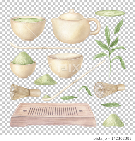 traditional Japanese matcha tea set. Teapot, bowls, bamboo whisk, scoop, tray, green tea powder and leaves watercolor illustration on isolated background. Japanese wellness and mindful ritual concept. traditional Japanese matcha tea set. Teapot, bowls, bamboo whisk, scoop, tray, green tea powder and leaves watercolor illustration on isolated background. Japanese wellness and mindful ritual concept. 142302395