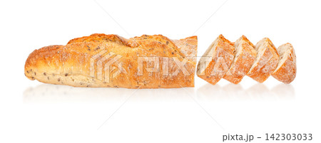 Sliced Artisan Seeded Baguette Isolated on White Sliced Artisan Seeded Baguette Isolated on White 142303033