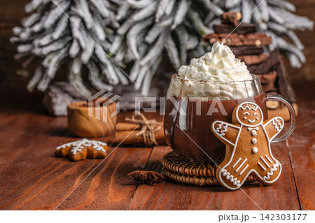 Festive Hot Chocolate with Whipped Cream 142303177
