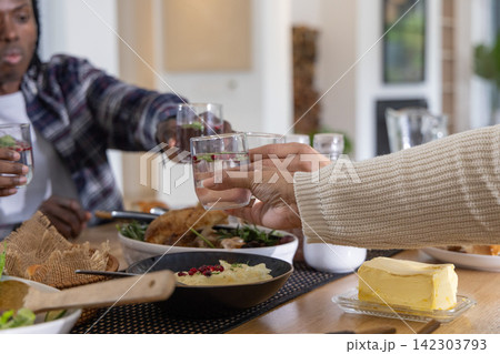 Diverse friends clinking glasses with fruit garnish, sharing roasted chicken at home table 142303793