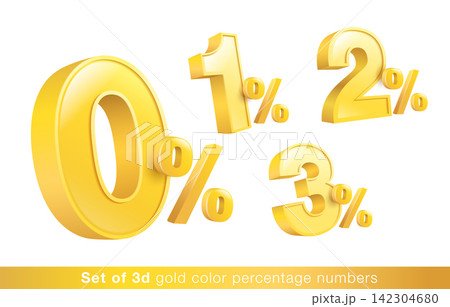 Golden 0%, 1%, 2%, 3% percentage symbols. 3D vector illustration for discount, interest rate, finance, promotion, special offer, sale banner, and commercial marketing concept. Golden 0%, 1%, 2%, 3% percentage symbols. 3D vector illustration for discount, interest rate, finance, promotion, special offer, sale banner, and commercial marketing concept. 142304680