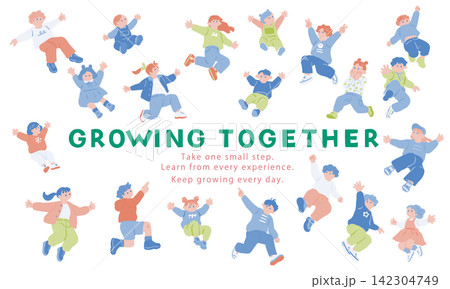子育て・教育コンテンツ向け「GROWING TOGETHER」子供たちのジャンプイラストコレクション 142304749