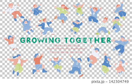 子育て・教育コンテンツ向け「GROWING TOGETHER」子供たちのジャンプイラストコレクション 142304749