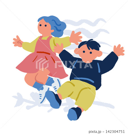 子育てメディア向け:腕を広げてジャンプする2人の子供のイラスト 子育てメディア向け:腕を広げてジャンプする2人の子供のイラスト 142304751